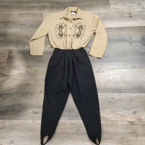 PG Collections Jumpsuit Women 12 Tan Black Good Vintage Stirrup Southwestern